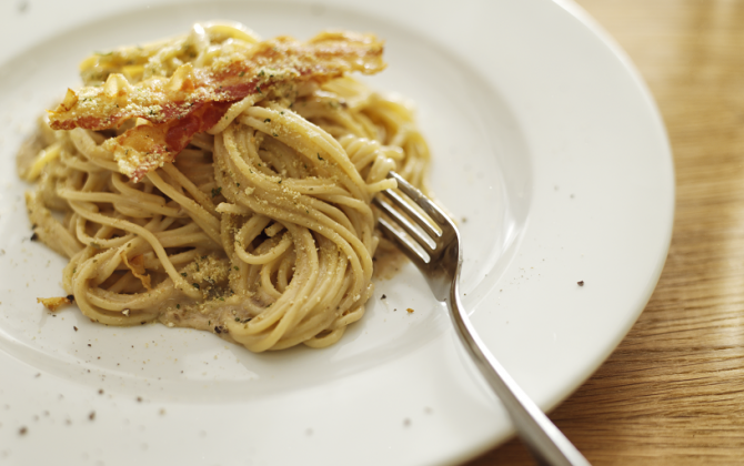 Recept Spaghetti met paddenstoelensaus en krokante spek Grand'Italia